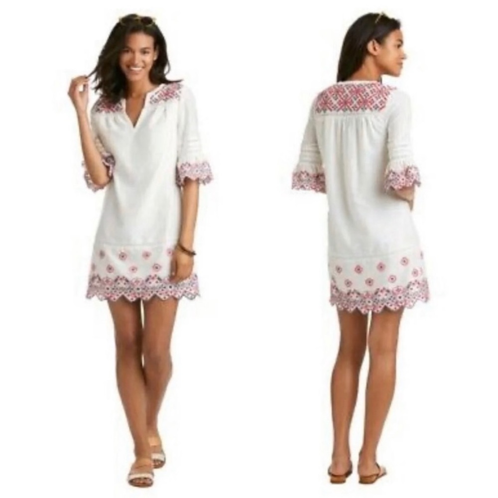 Vineyard Vines White Cotton Dress Embroidered Pink & Blue Details Size 10